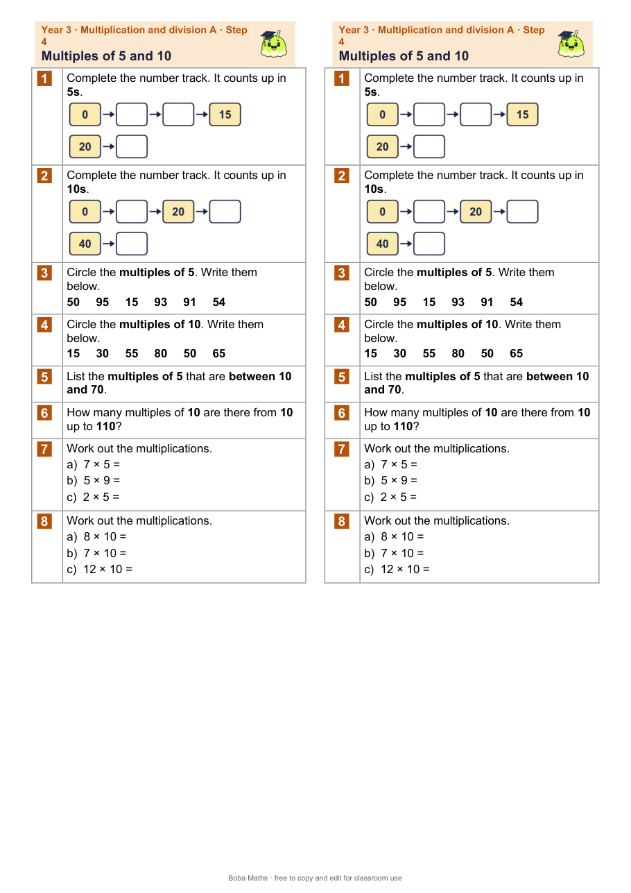 First page of the not scaffolded Multiples of 5 and 10 sheet, printed twice side by side