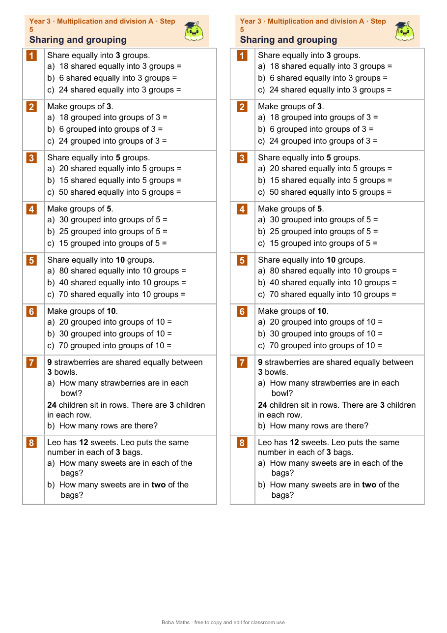 First page of the not scaffolded Sharing and grouping sheet, printed twice side by side