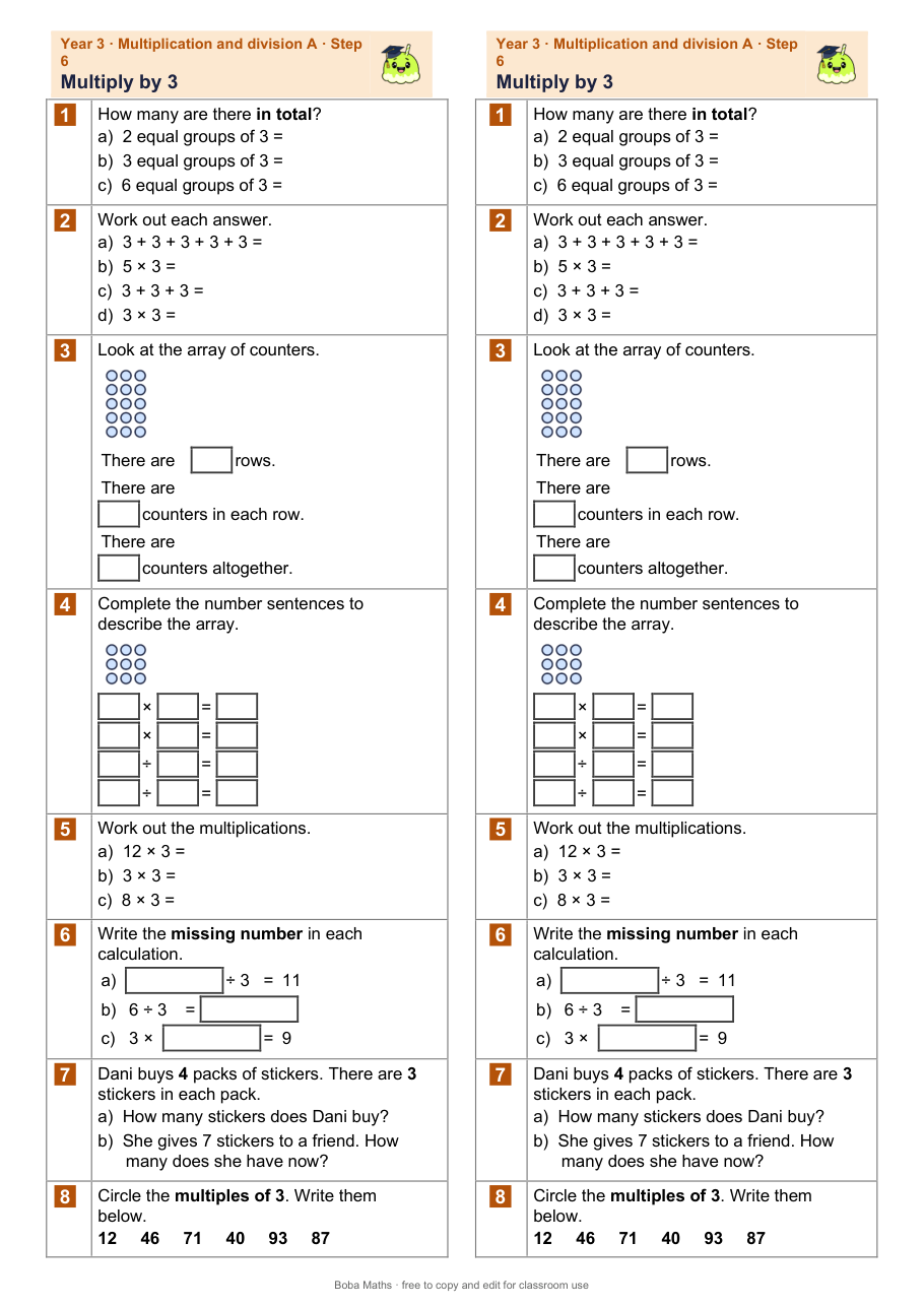 First page of the not scaffolded Multiply by 3 sheet, printed twice side by side