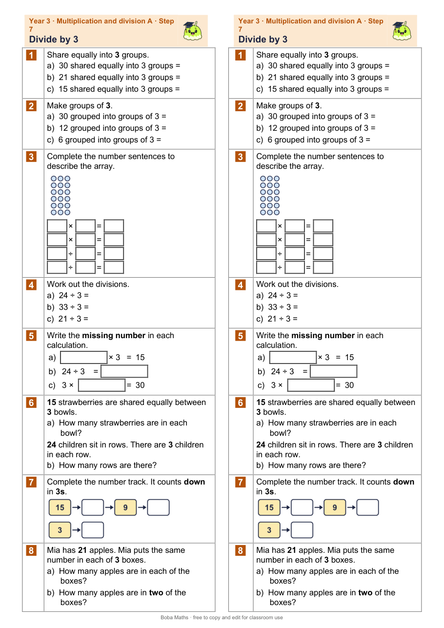 First page of the not scaffolded Divide by 3 sheet, printed twice side by side