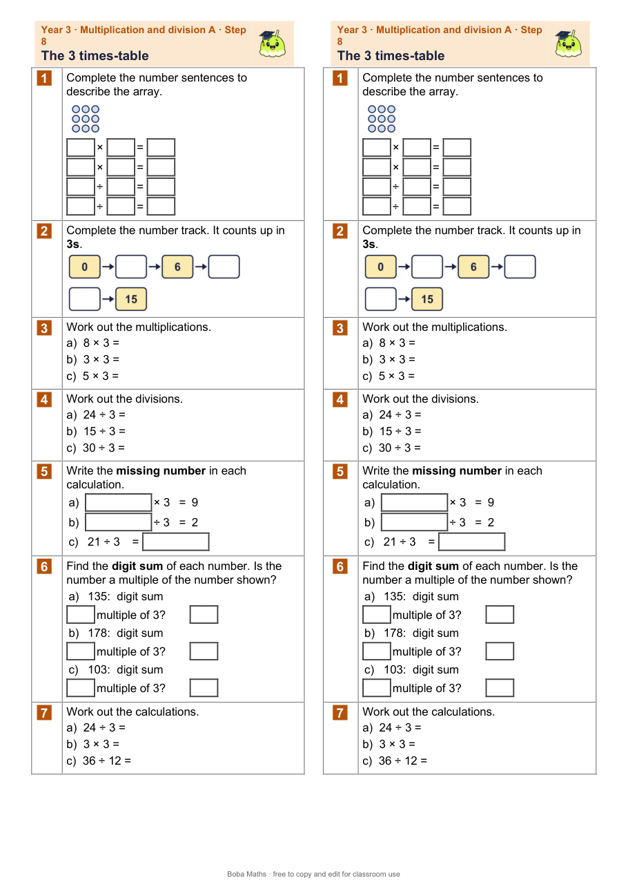 First page of the not scaffolded The 3 times-table sheet, printed twice side by side
