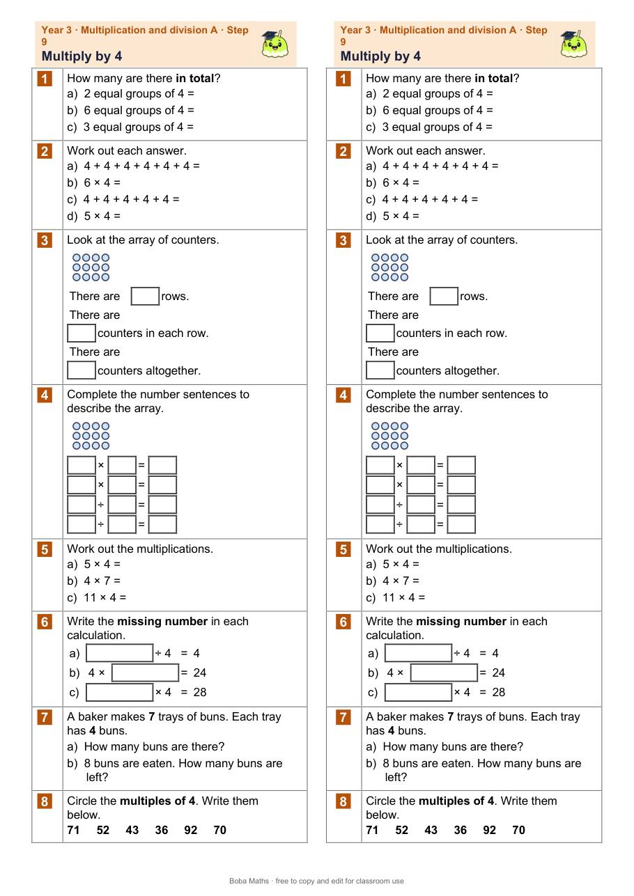 First page of the not scaffolded Multiply by 4 sheet, printed twice side by side