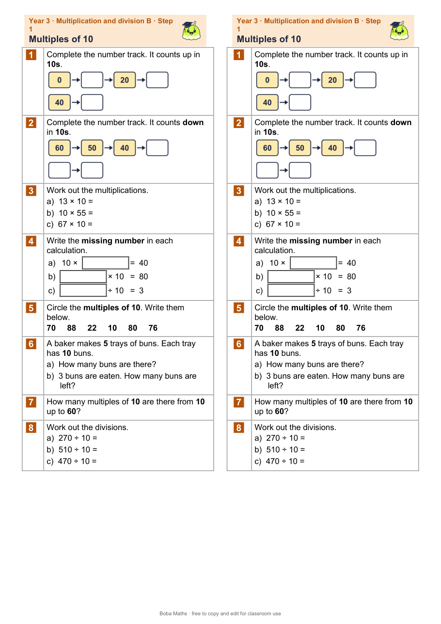 First page of the not scaffolded Multiples of 10 sheet, printed twice side by side