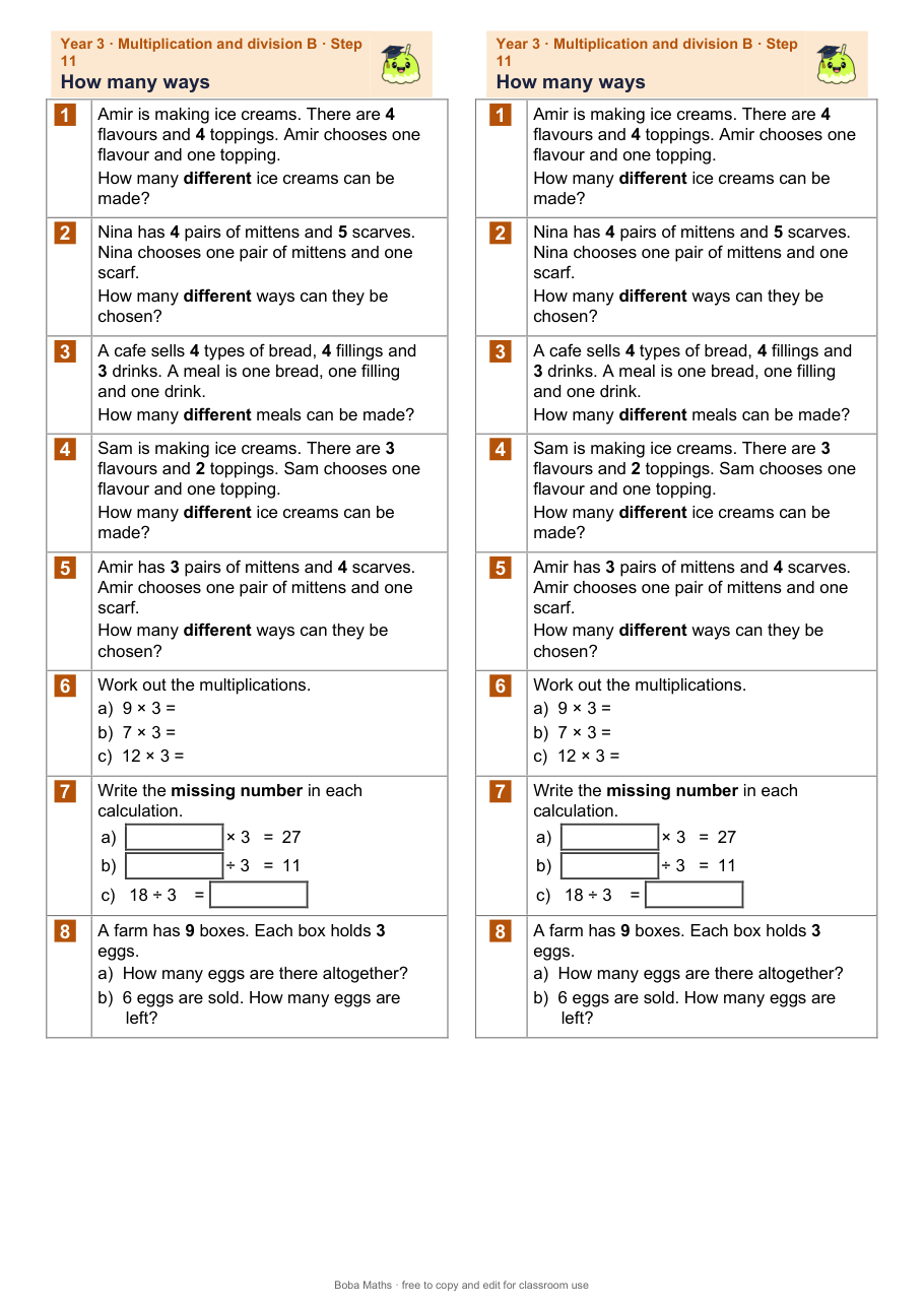 First page of the not scaffolded How many ways sheet, printed twice side by side