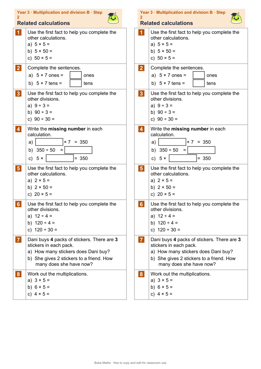 First page of the not scaffolded Related calculations sheet, printed twice side by side