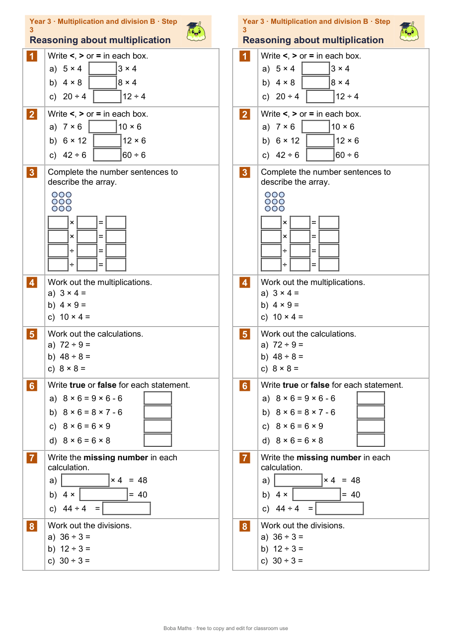 First page of the not scaffolded Reasoning about multiplication sheet, printed twice side by side