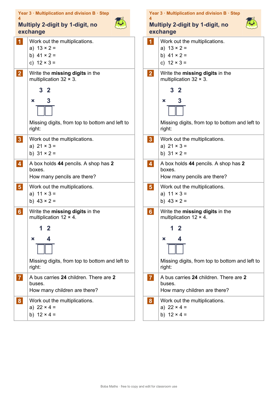 First page of the not scaffolded Multiply 2-digit by 1-digit, no exchange sheet, printed twice side by side