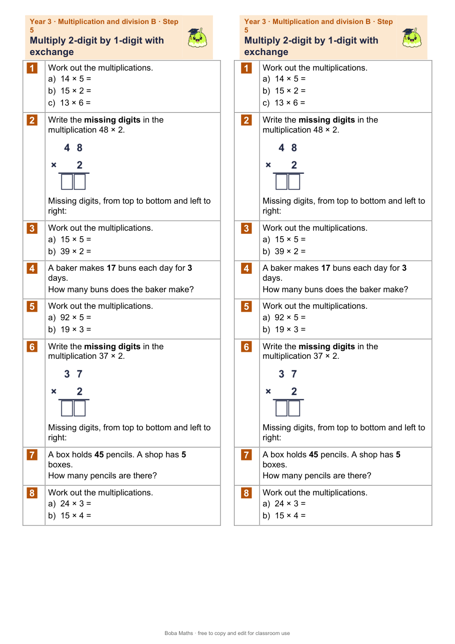 First page of the not scaffolded Multiply 2-digit by 1-digit with exchange sheet, printed twice side by side