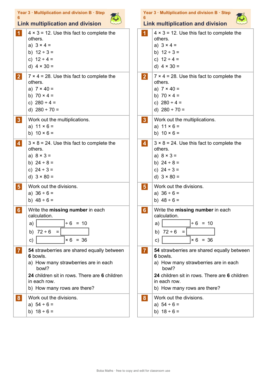 First page of the not scaffolded Link multiplication and division sheet, printed twice side by side
