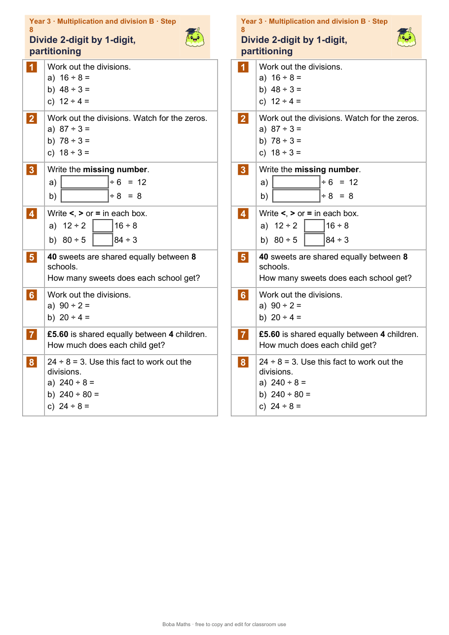 First page of the not scaffolded Divide 2-digit by 1-digit, partitioning sheet, printed twice side by side