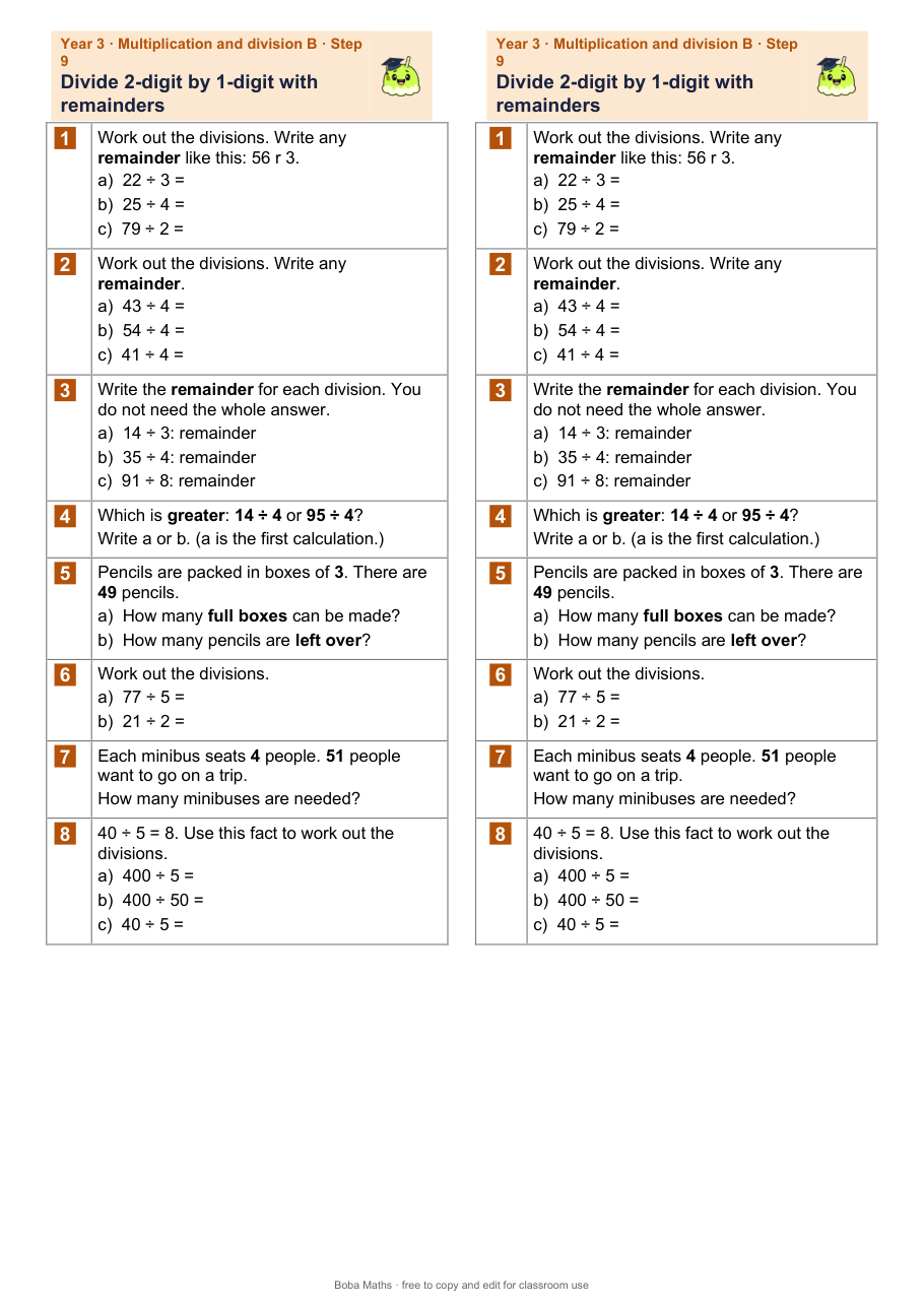 First page of the not scaffolded Divide 2-digit by 1-digit with remainders sheet, printed twice side by side
