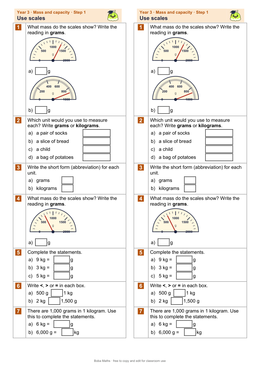 First page of the not scaffolded Use scales sheet, printed twice side by side