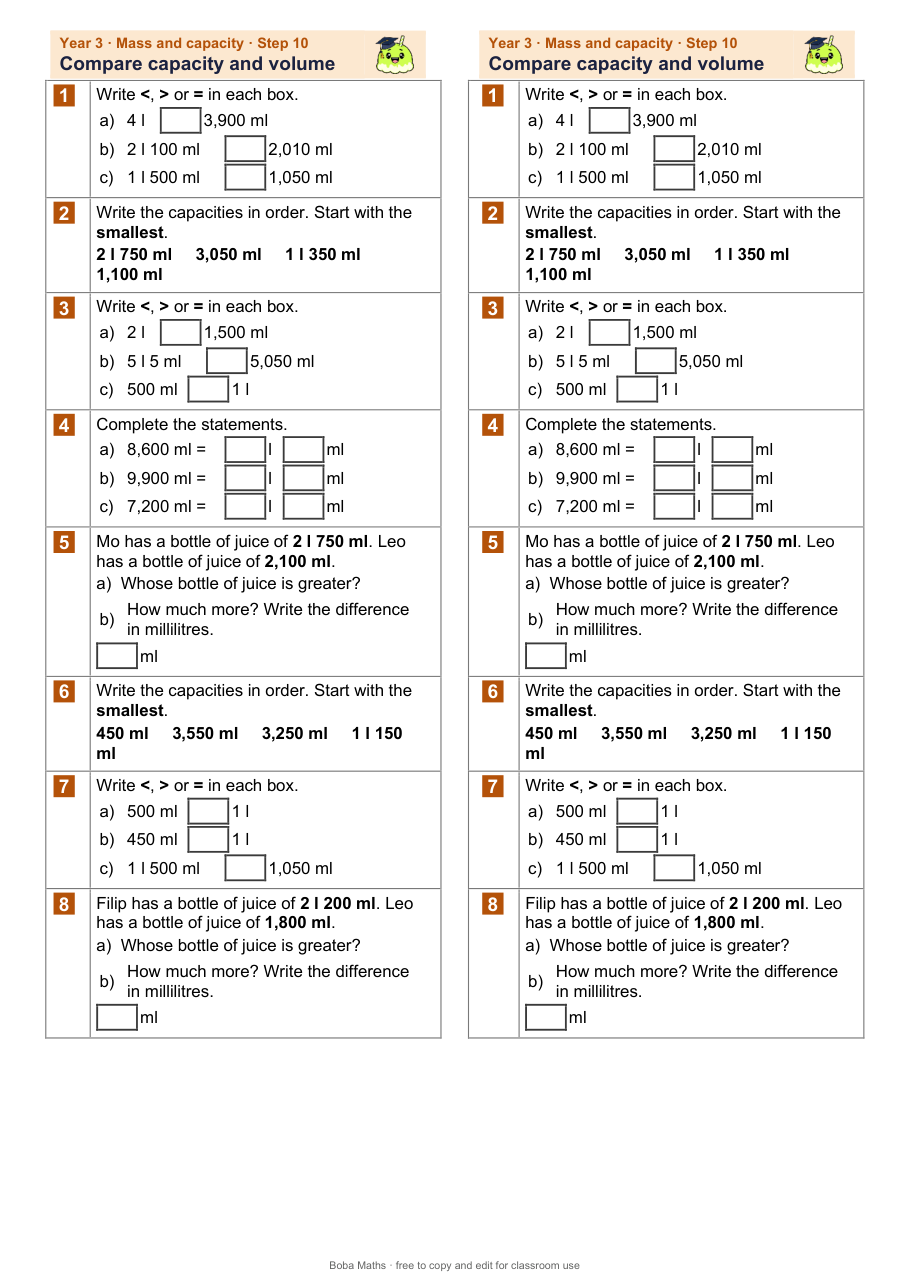First page of the not scaffolded Compare capacity and volume sheet, printed twice side by side