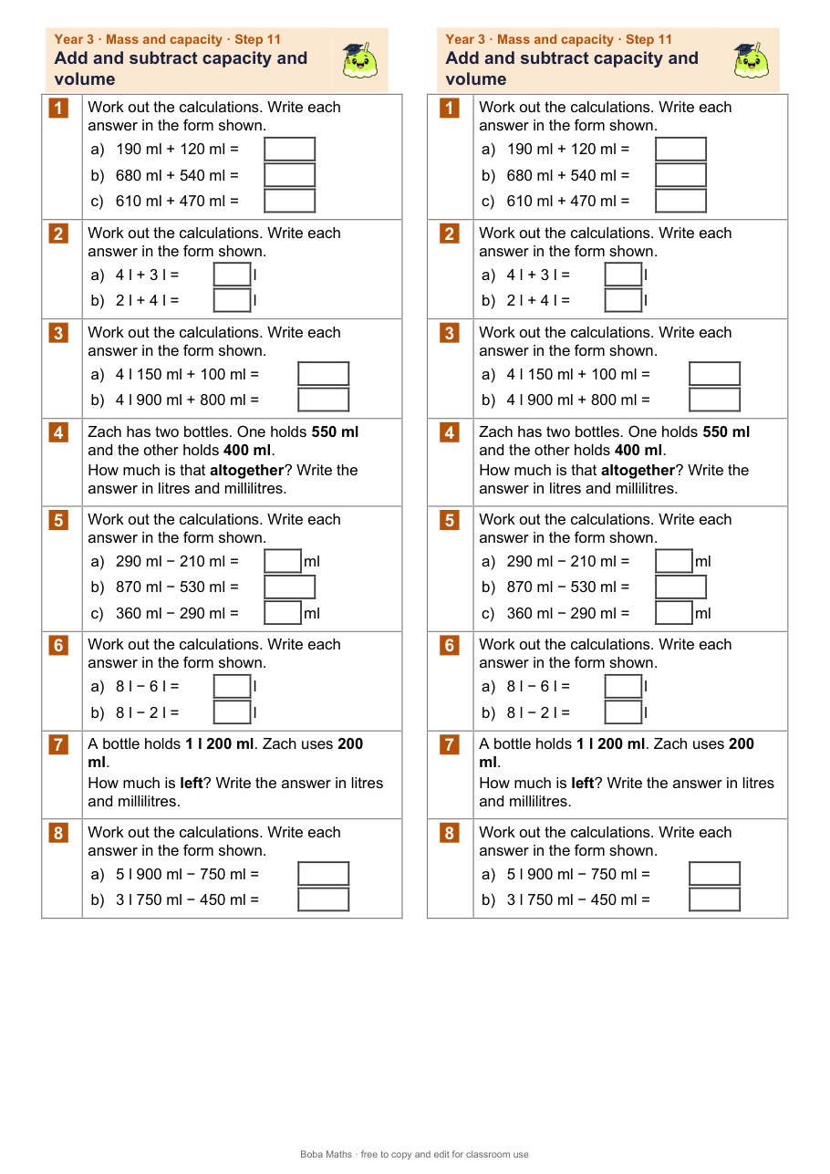 First page of the not scaffolded Add and subtract capacity and volume sheet, printed twice side by side