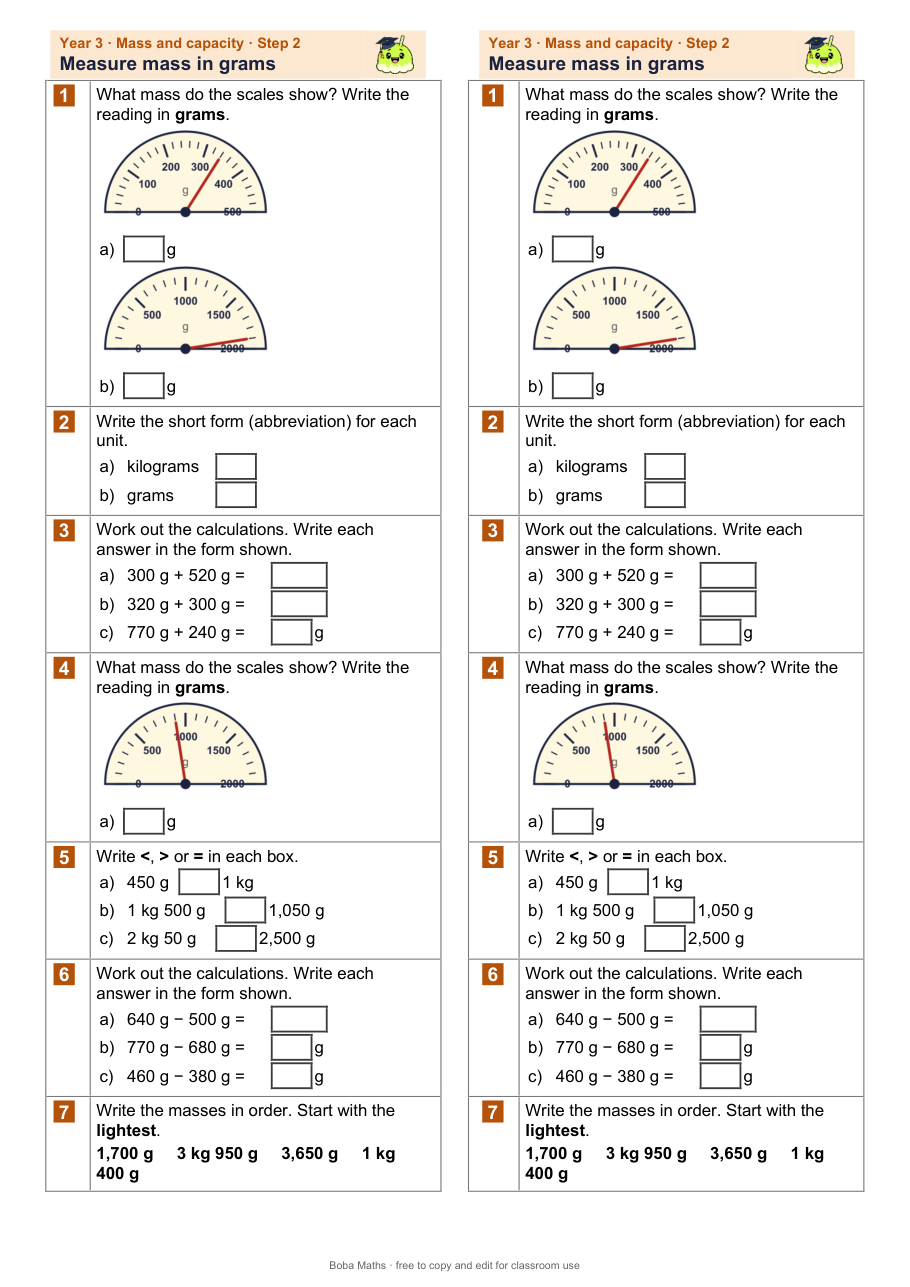 First page of the not scaffolded Measure mass in grams sheet, printed twice side by side