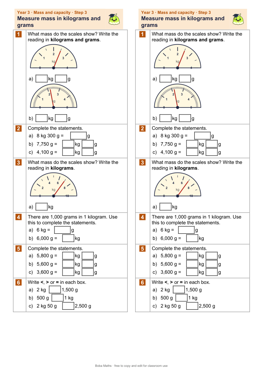 First page of the not scaffolded Measure mass in kilograms and grams sheet, printed twice side by side