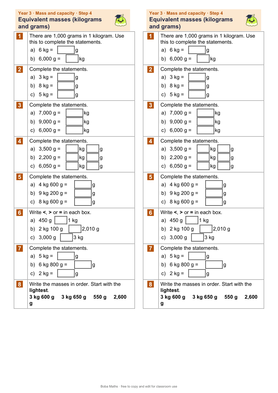 First page of the not scaffolded Equivalent masses (kilograms and grams) sheet, printed twice side by side