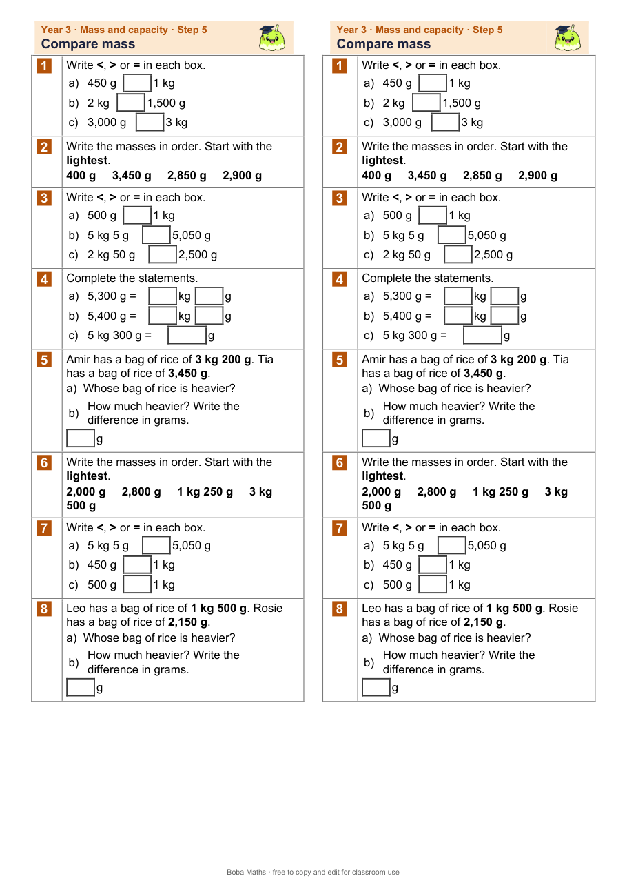 First page of the not scaffolded Compare mass sheet, printed twice side by side