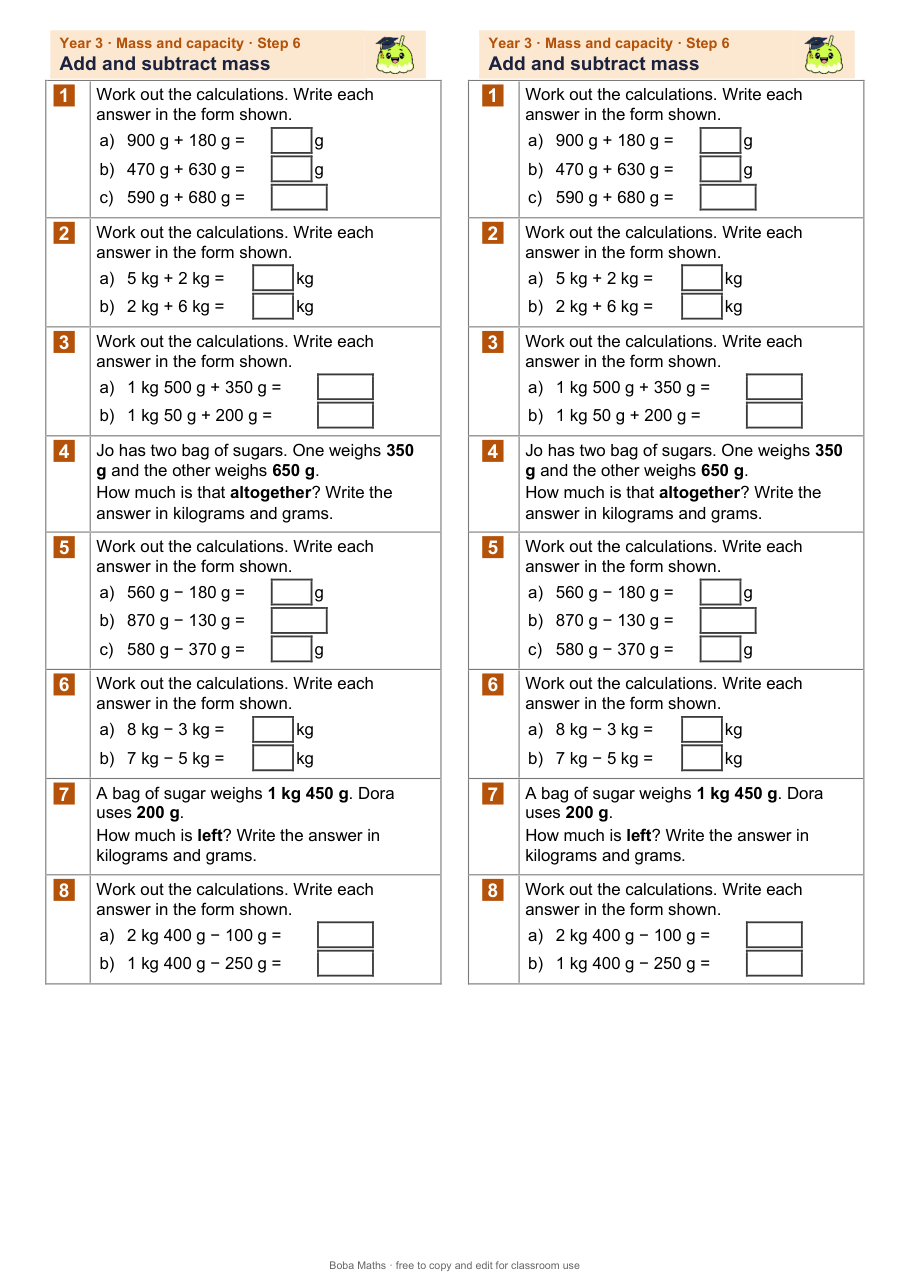 First page of the not scaffolded Add and subtract mass sheet, printed twice side by side