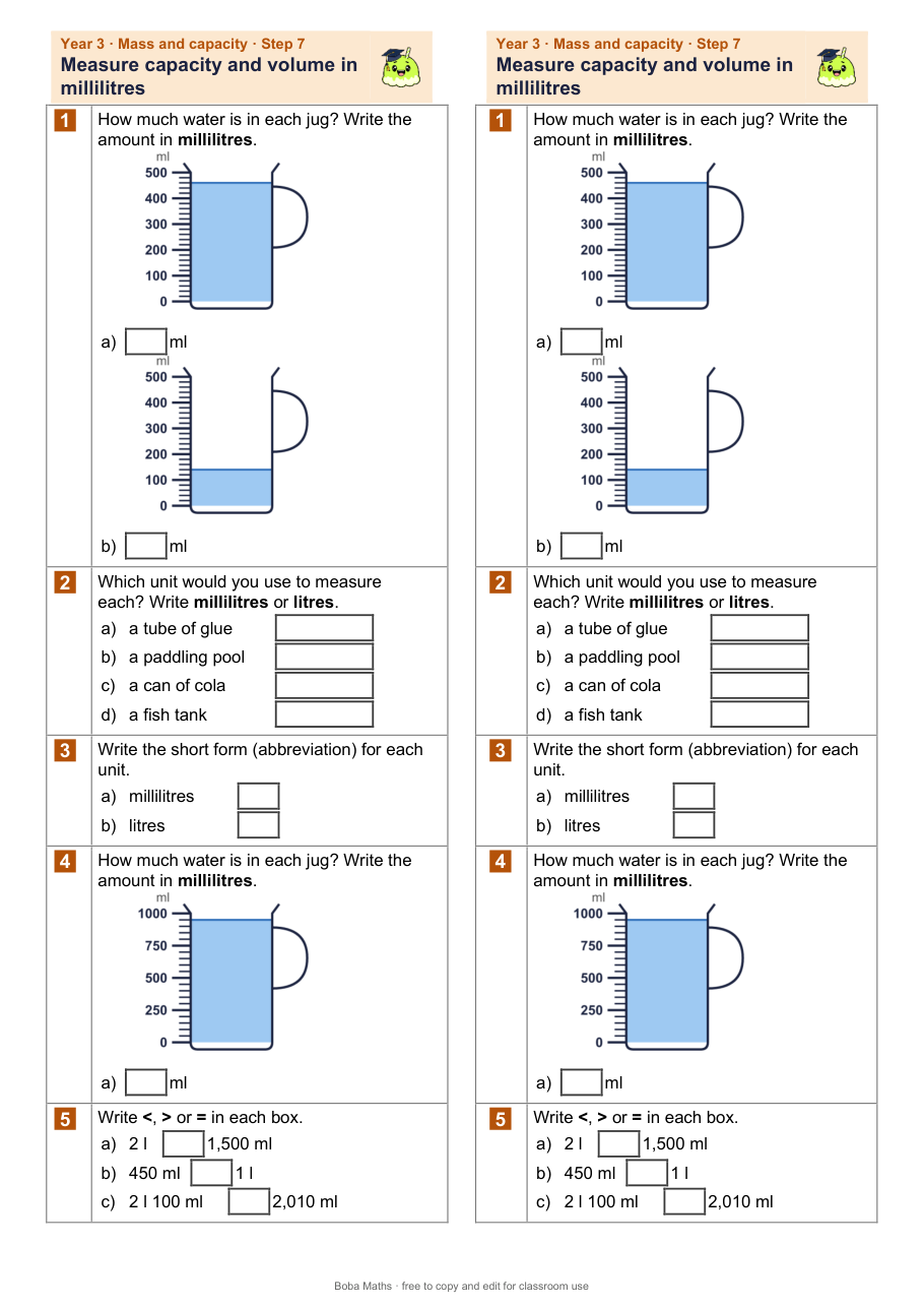 First page of the not scaffolded Measure capacity and volume in millilitres sheet, printed twice side by side