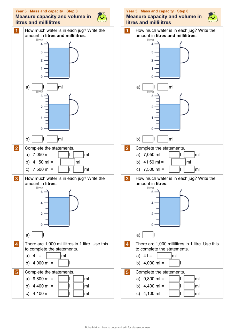 First page of the not scaffolded Measure capacity and volume in litres and millilitres sheet, printed twice side by side