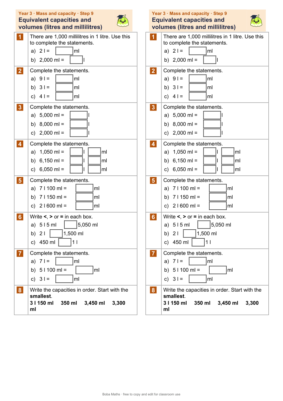 First page of the not scaffolded Equivalent capacities and volumes (litres and millilitres) sheet, printed twice side by side