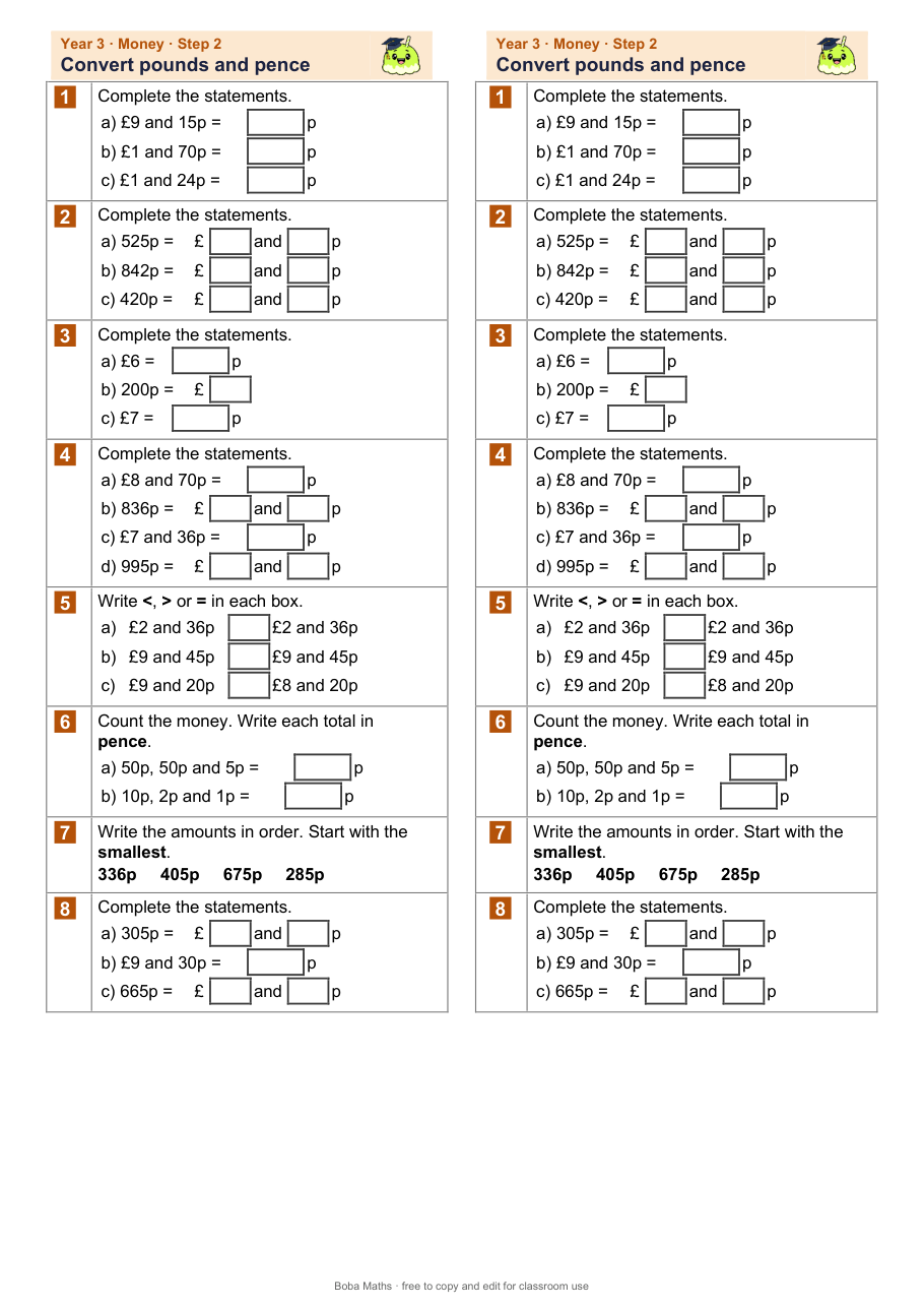 First page of the not scaffolded Convert pounds and pence sheet, printed twice side by side