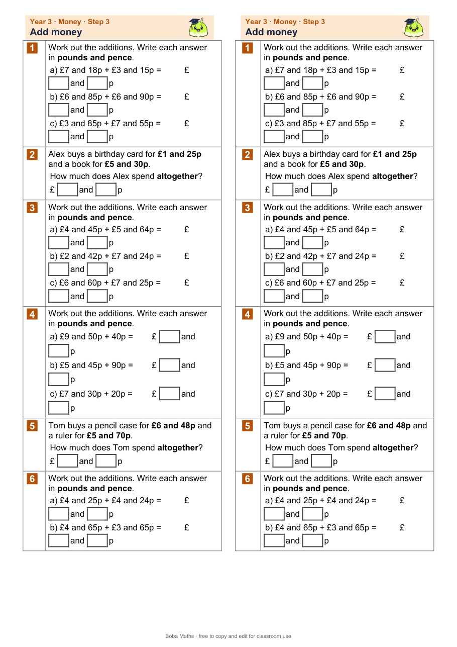 First page of the not scaffolded Add money sheet, printed twice side by side