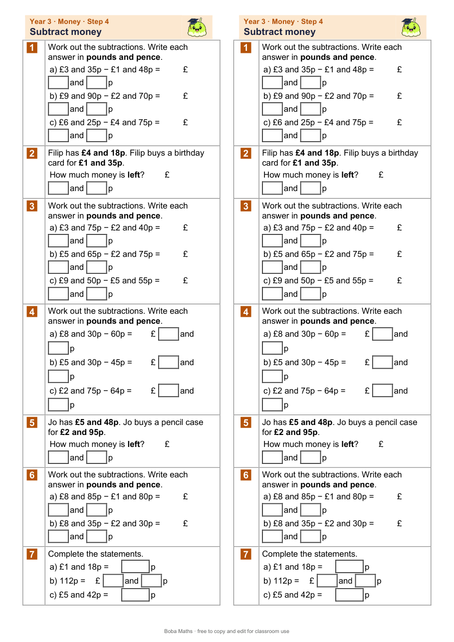 First page of the not scaffolded Subtract money sheet, printed twice side by side
