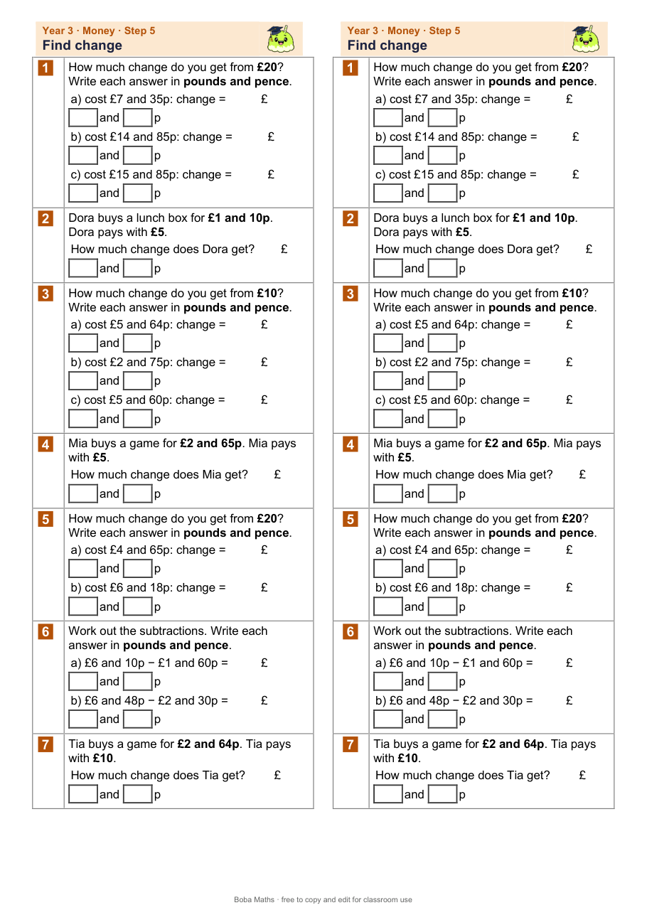 First page of the not scaffolded Find change sheet, printed twice side by side