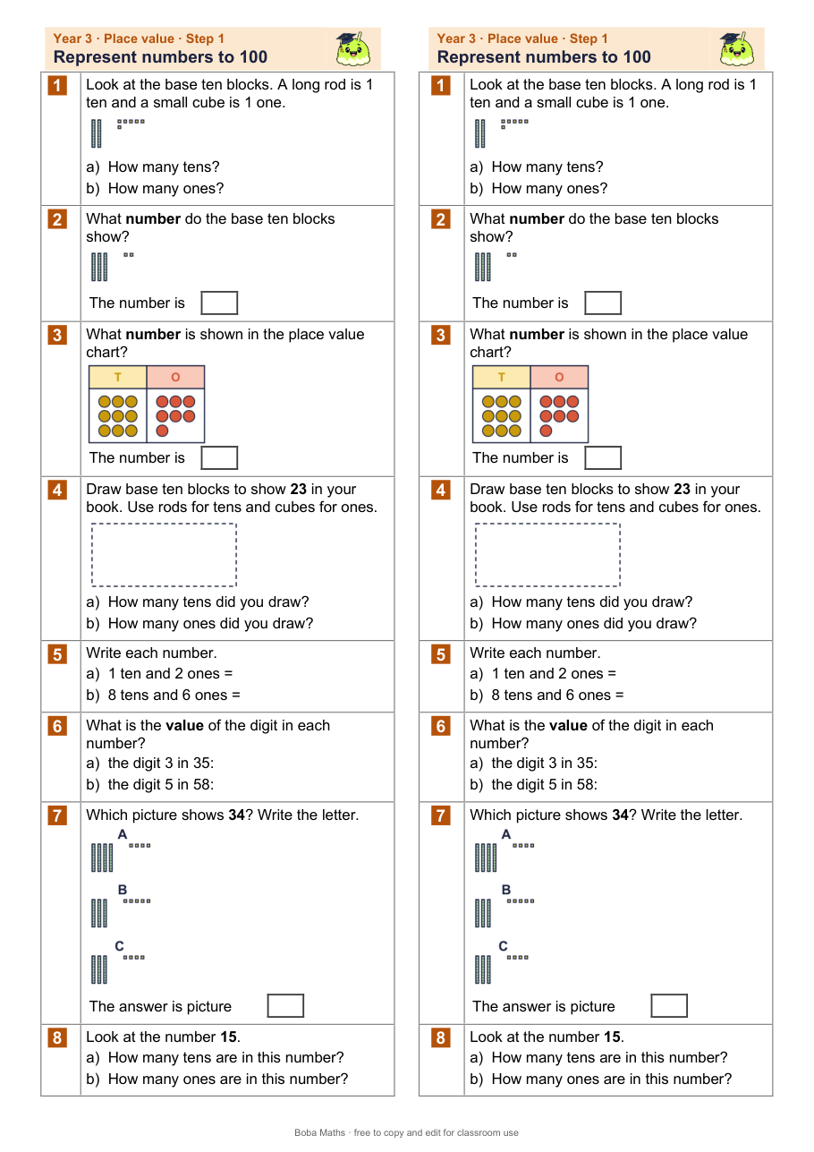 First page of the not scaffolded Represent numbers to 100 sheet, printed twice side by side