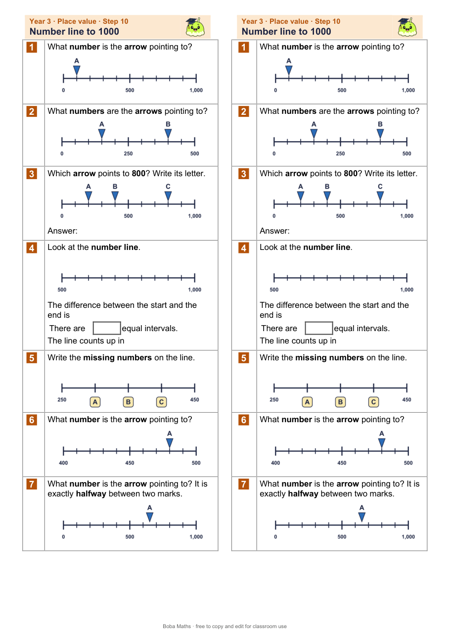 First page of the not scaffolded Number line to 1000 sheet, printed twice side by side