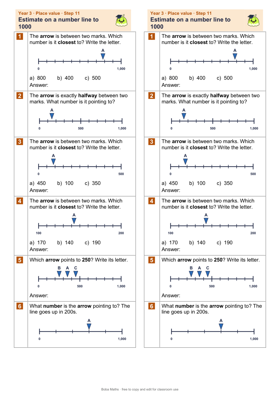 First page of the not scaffolded Estimate on a number line to 1000 sheet, printed twice side by side