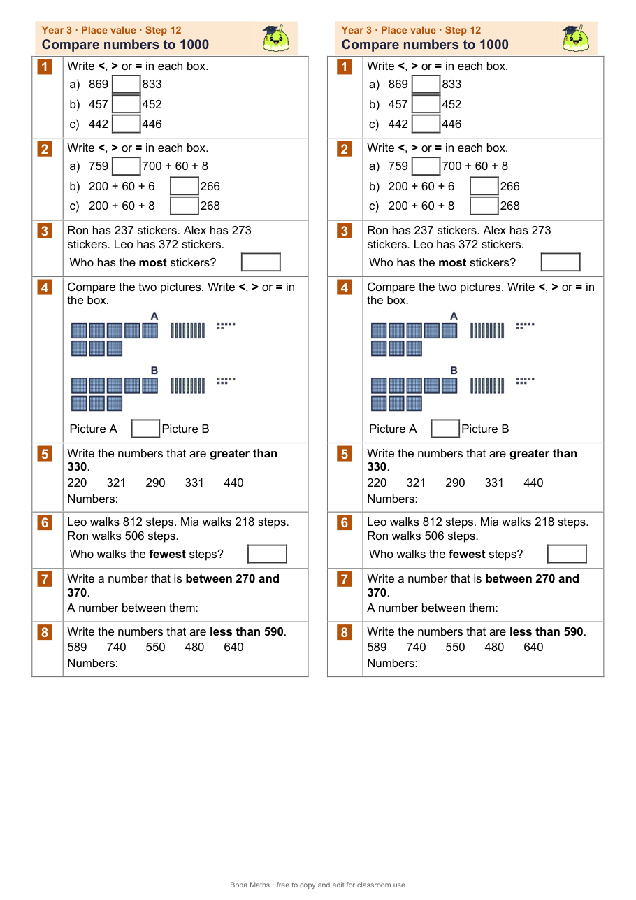 First page of the not scaffolded Compare numbers to 1000 sheet, printed twice side by side