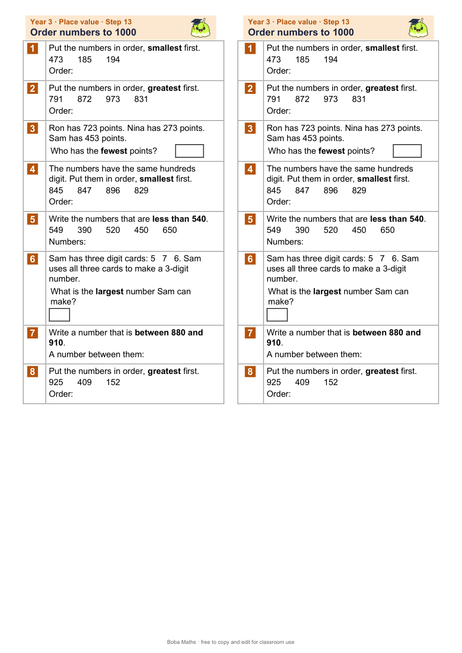First page of the not scaffolded Order numbers to 1000 sheet, printed twice side by side