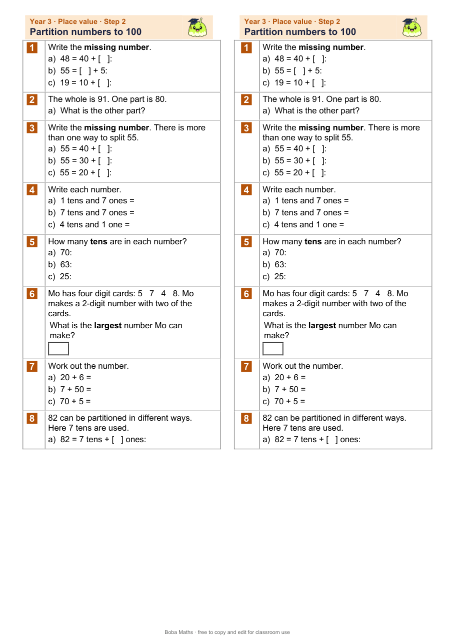 First page of the not scaffolded Partition numbers to 100 sheet, printed twice side by side
