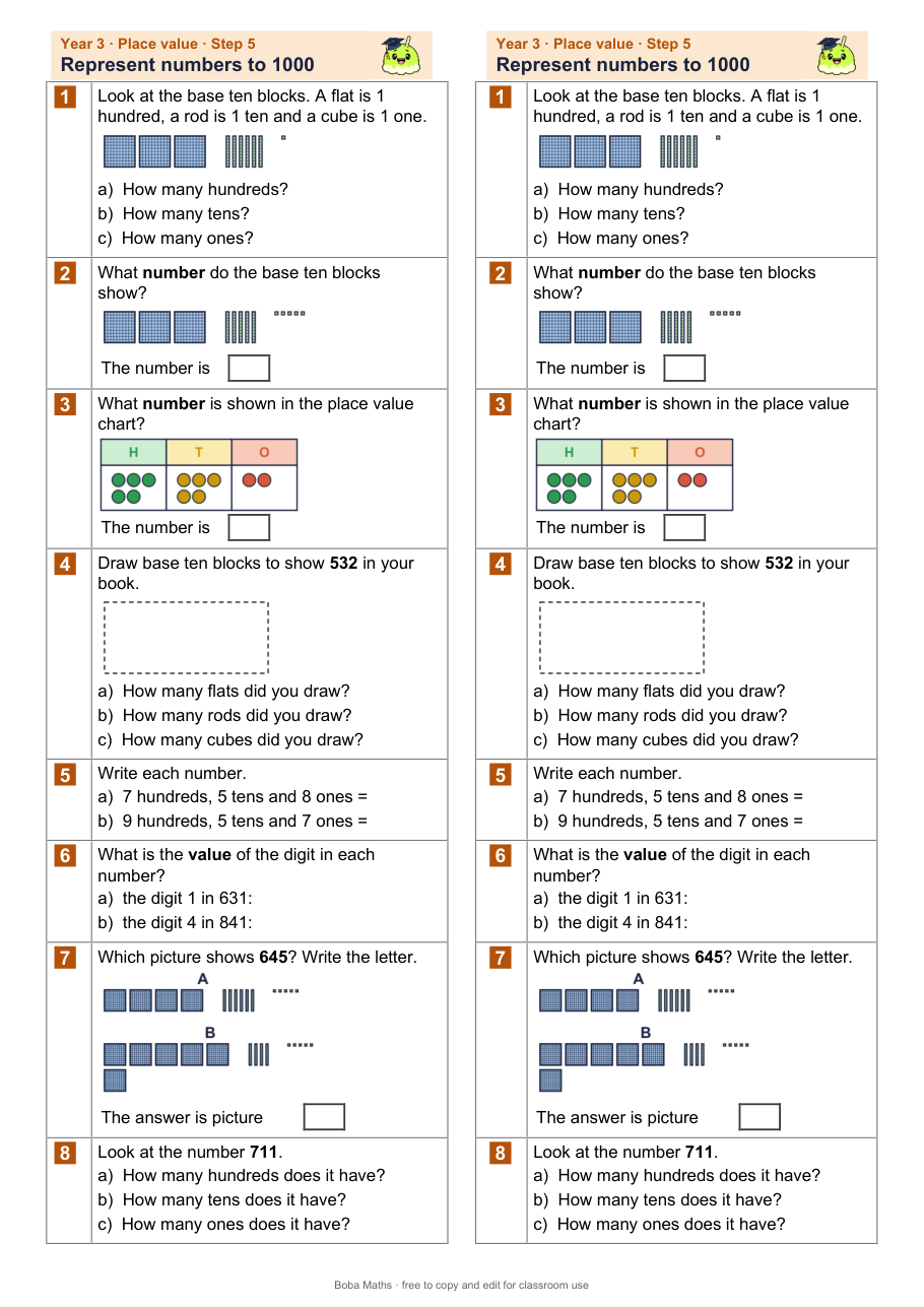 First page of the not scaffolded Represent numbers to 1000 sheet, printed twice side by side