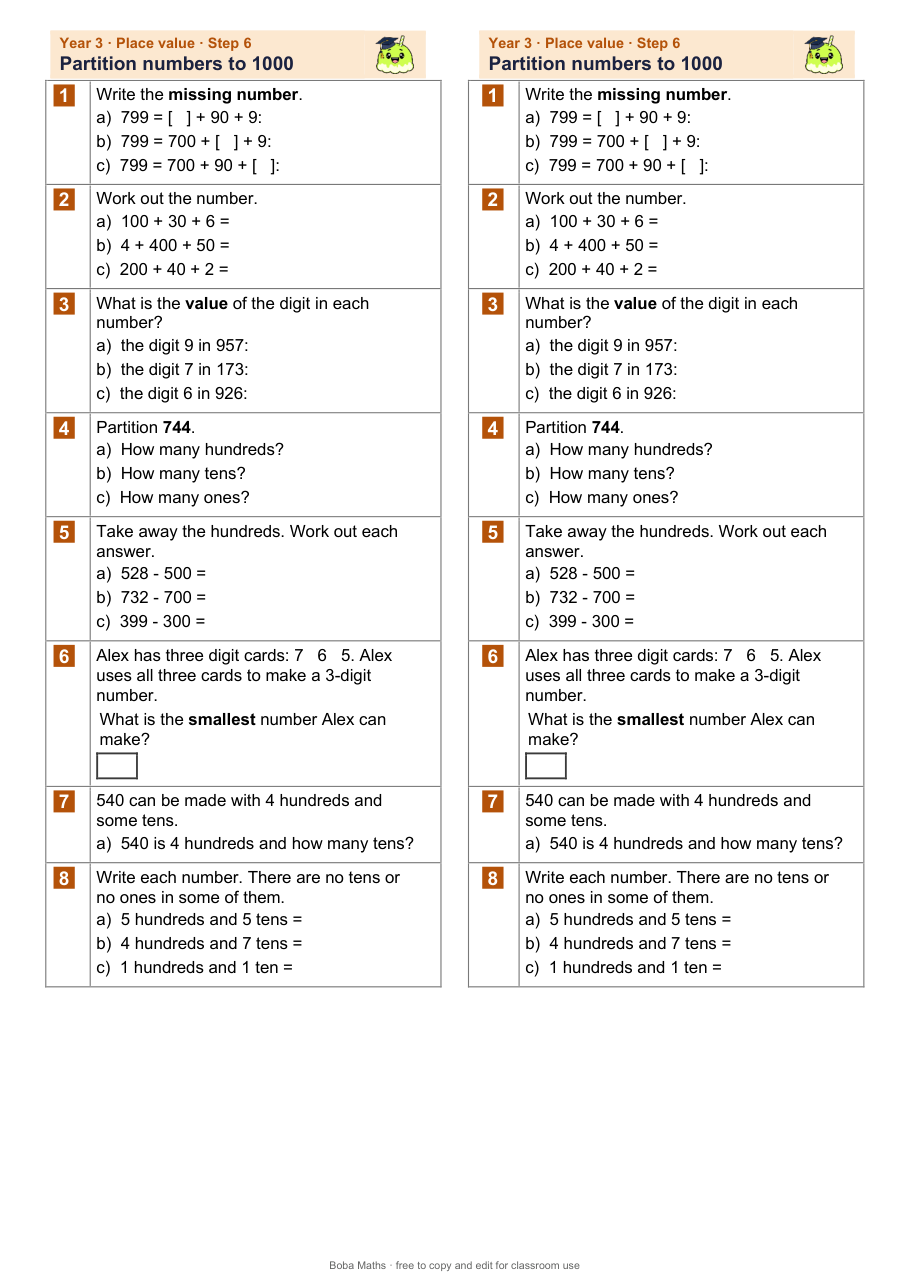 First page of the not scaffolded Partition numbers to 1000 sheet, printed twice side by side