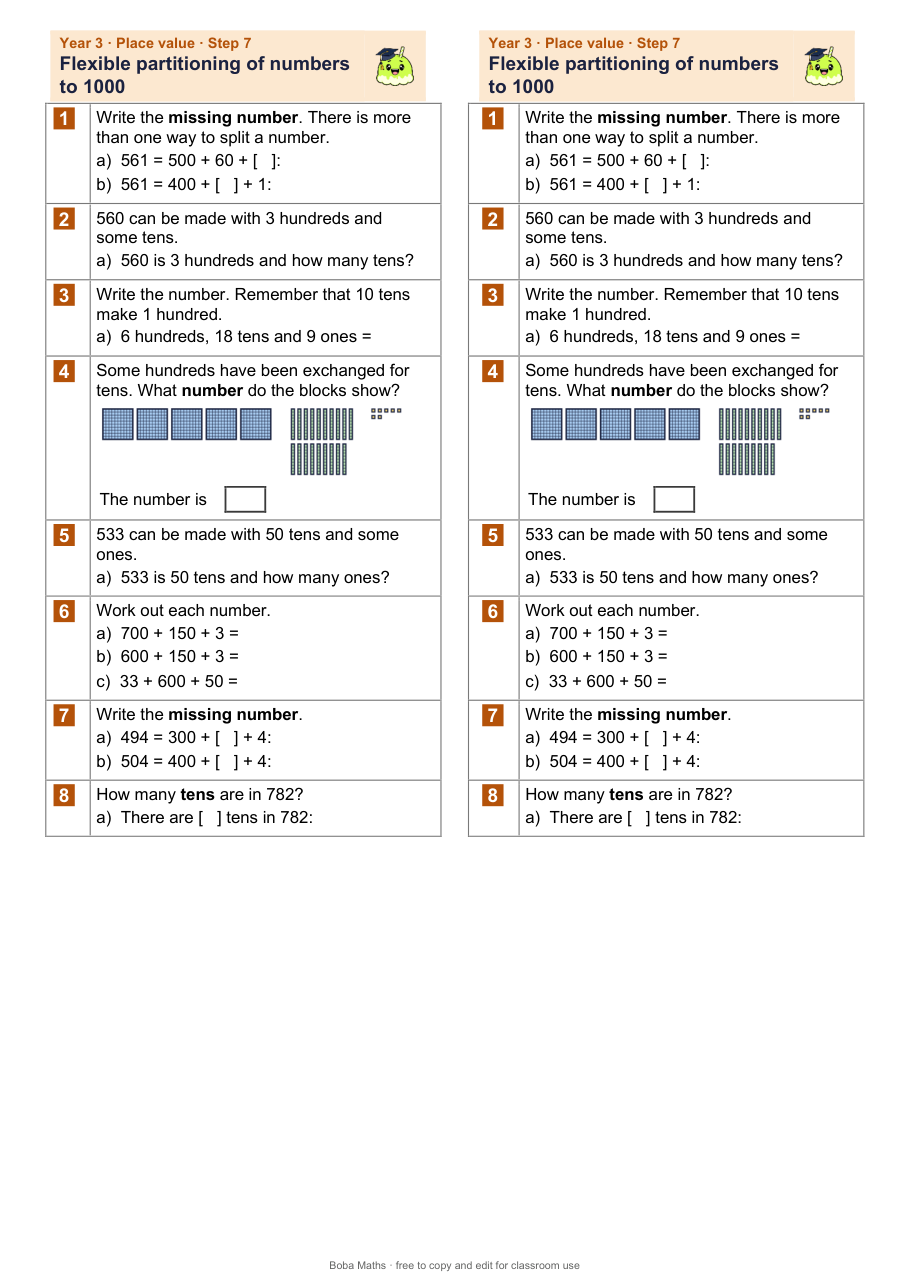 First page of the not scaffolded Flexible partitioning of numbers to 1000 sheet, printed twice side by side