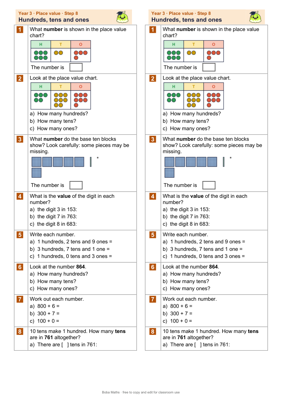 First page of the not scaffolded Hundreds, tens and ones sheet, printed twice side by side