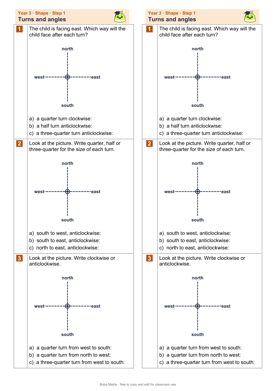 First page of the not scaffolded Turns and angles sheet, printed twice side by side
