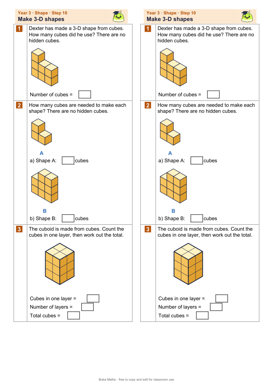 First page of the not scaffolded Make 3-D shapes sheet, printed twice side by side