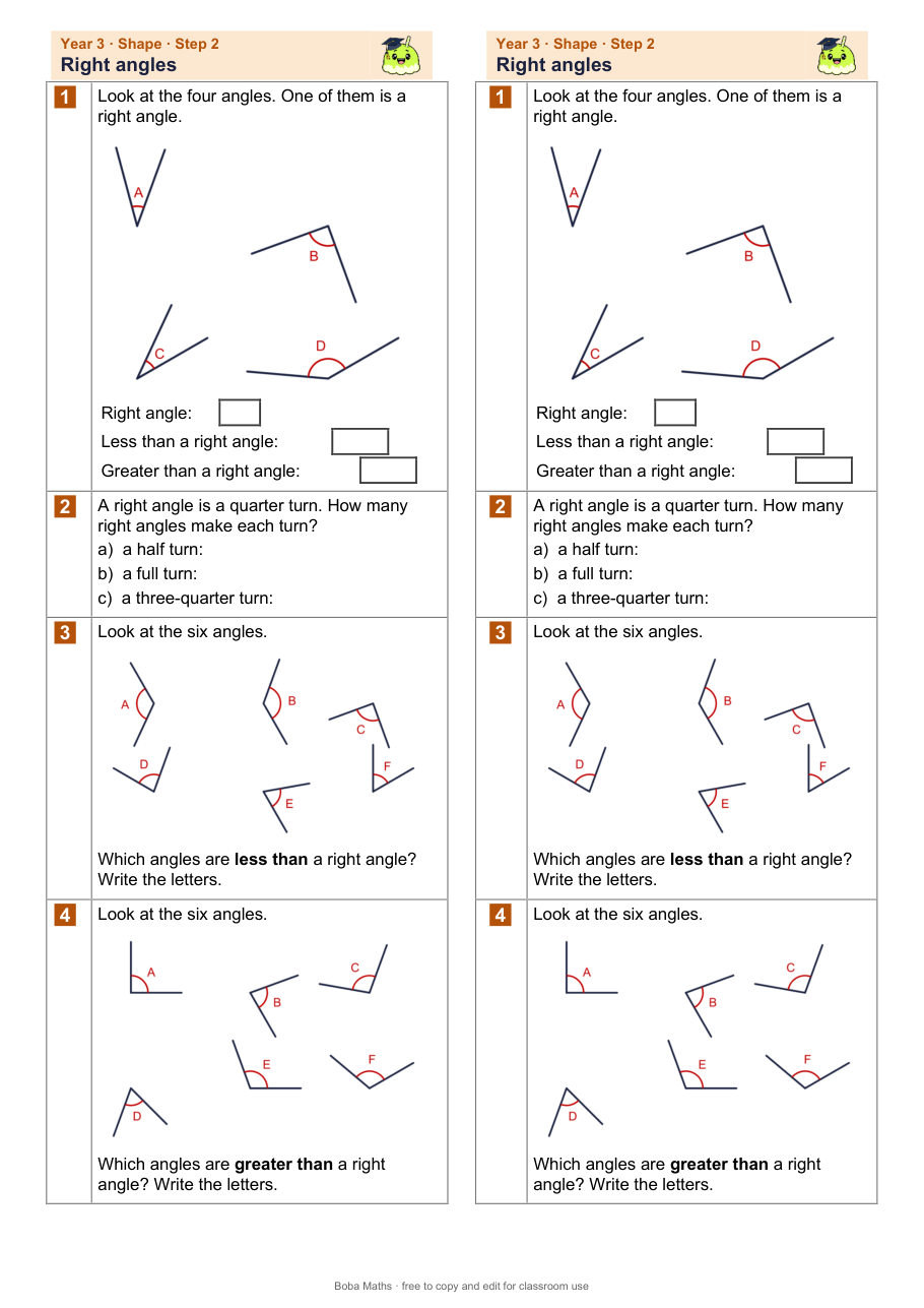 First page of the not scaffolded Right angles sheet, printed twice side by side