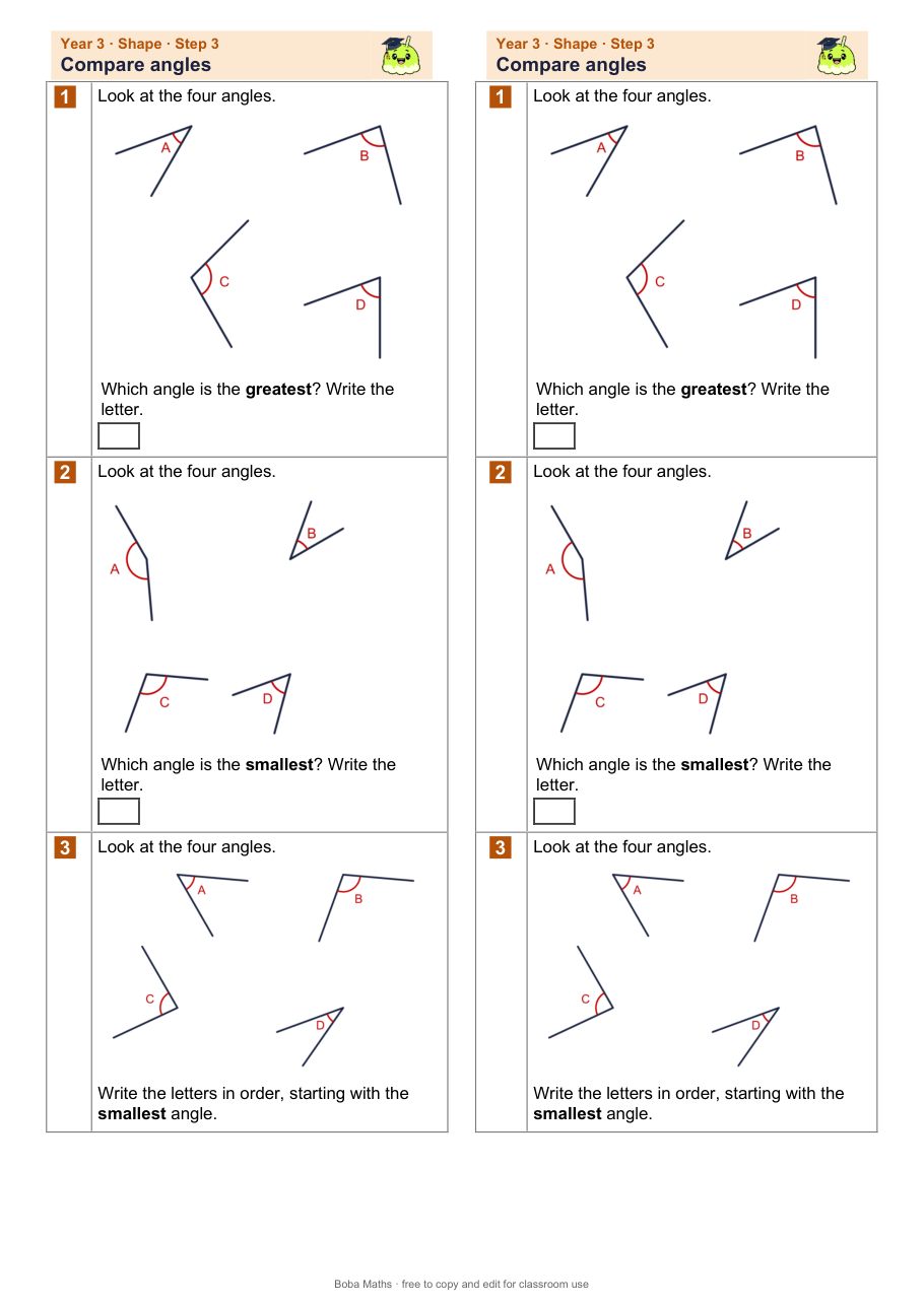 First page of the not scaffolded Compare angles sheet, printed twice side by side