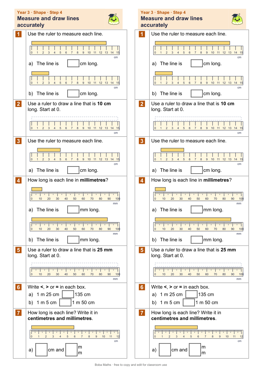 First page of the not scaffolded Measure and draw lines accurately sheet, printed twice side by side