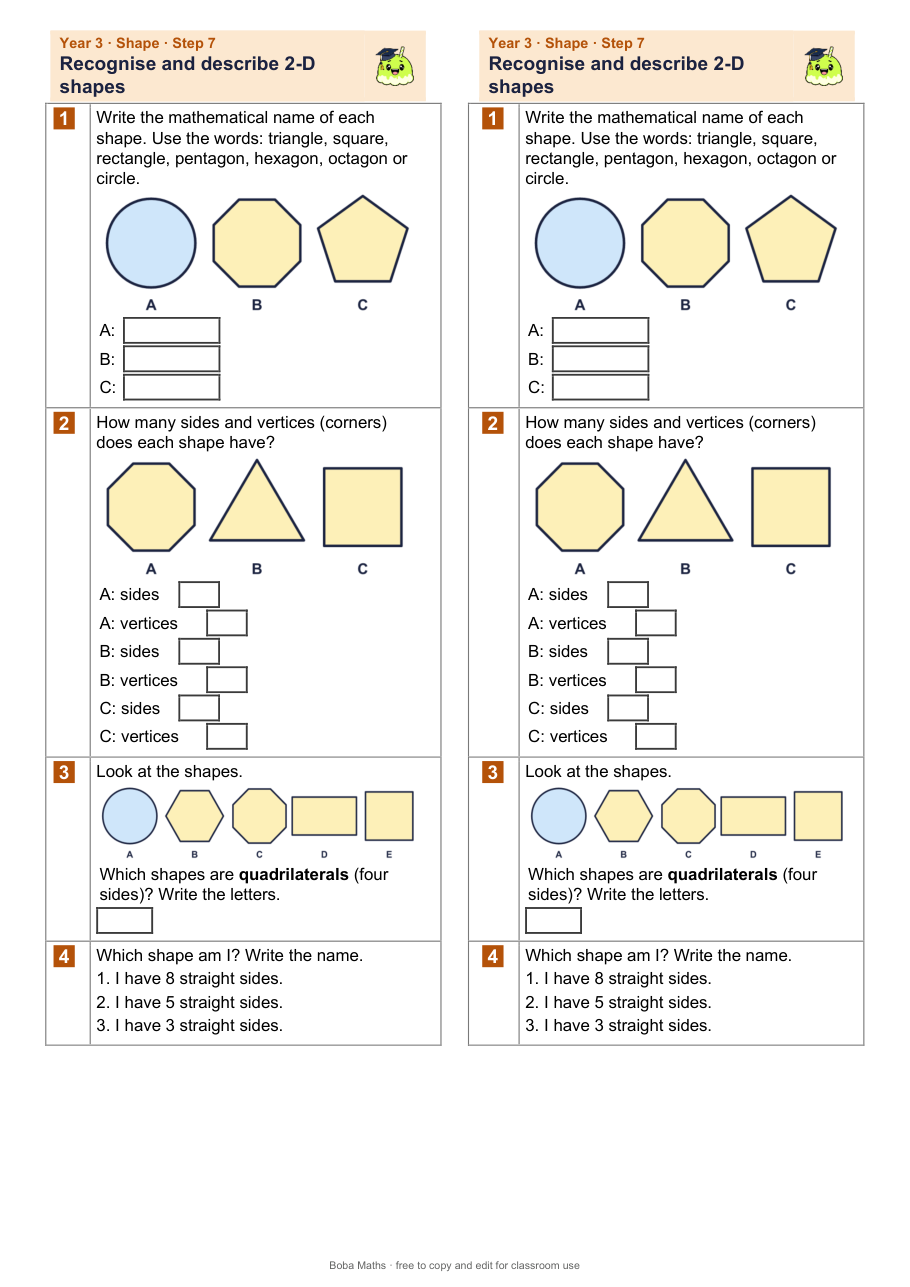 First page of the not scaffolded Recognise and describe 2-D shapes sheet, printed twice side by side