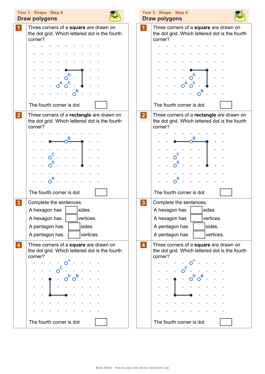 First page of the not scaffolded Draw polygons sheet, printed twice side by side