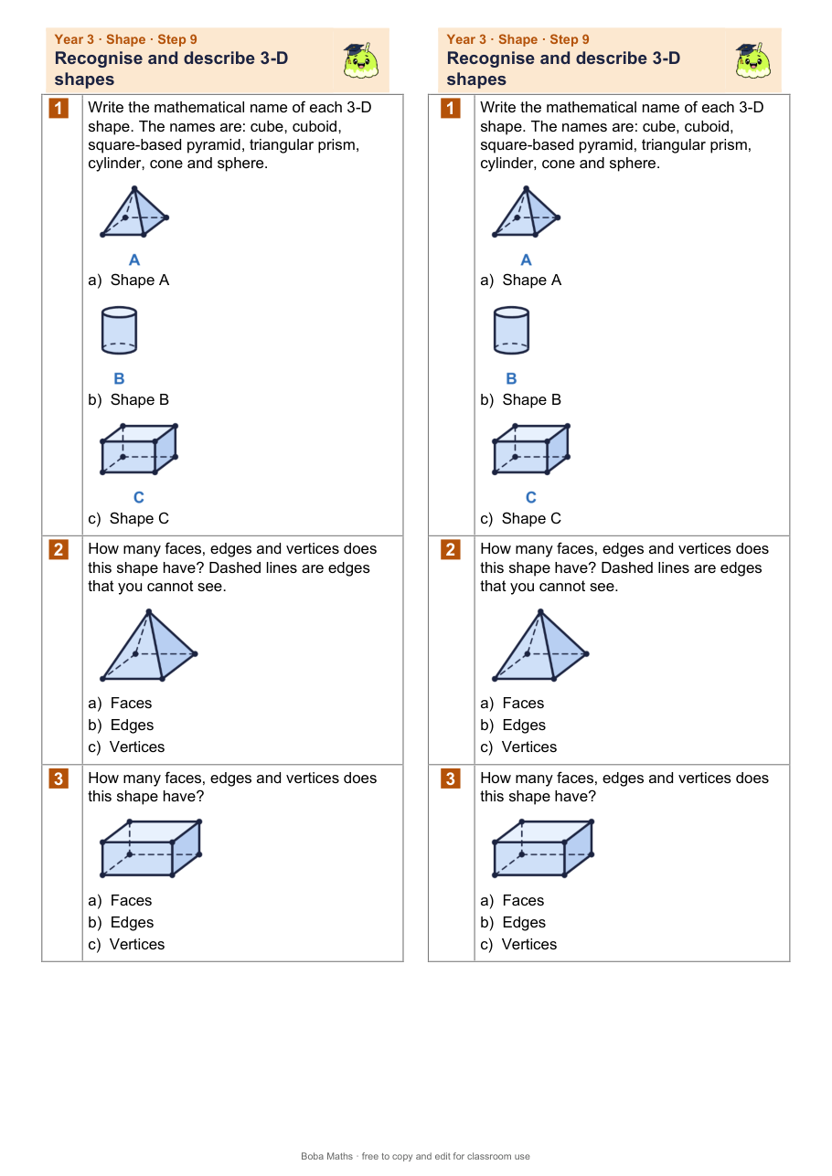 First page of the not scaffolded Recognise and describe 3-D shapes sheet, printed twice side by side