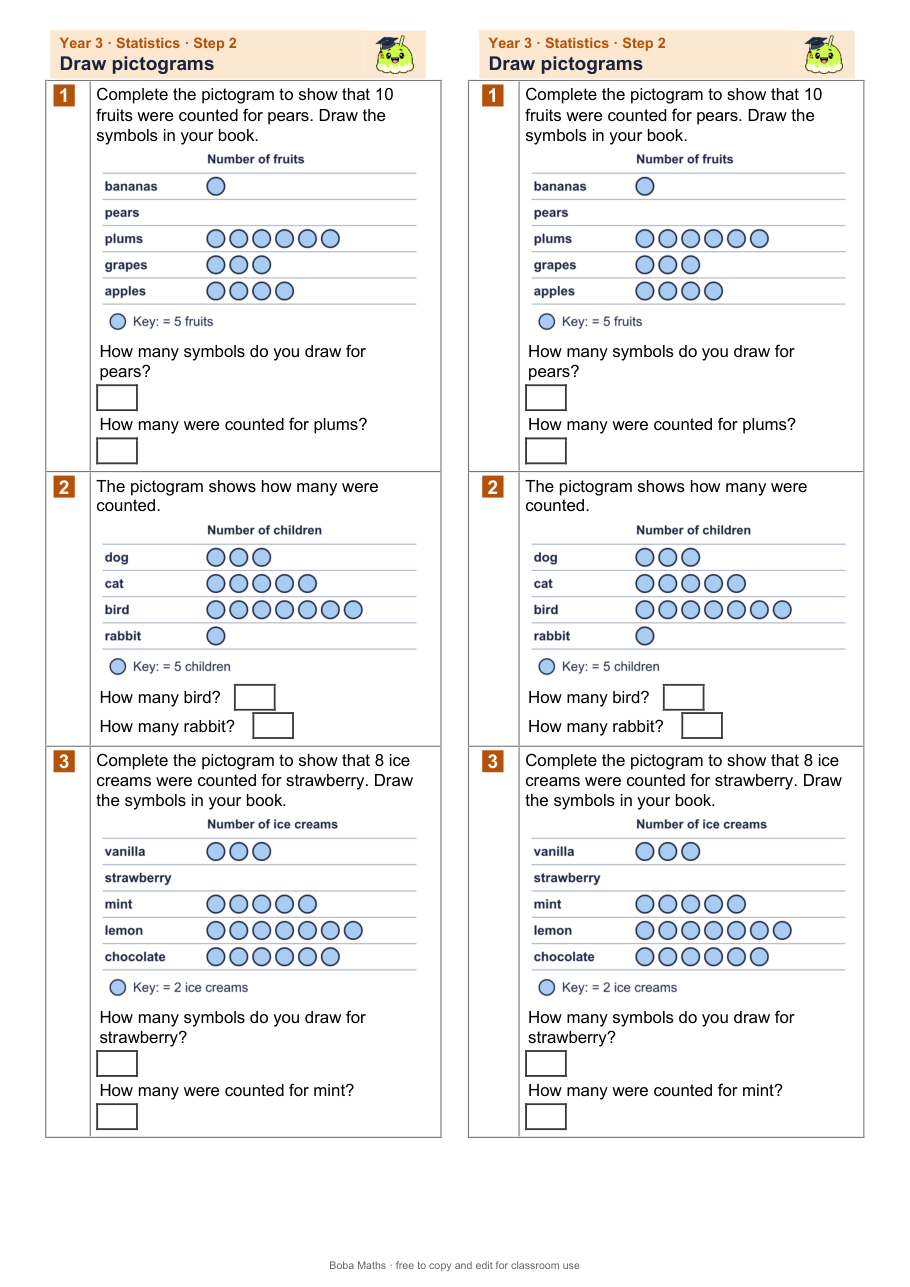 First page of the not scaffolded Draw pictograms sheet, printed twice side by side