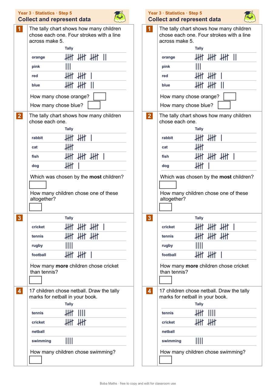 First page of the not scaffolded Collect and represent data sheet, printed twice side by side